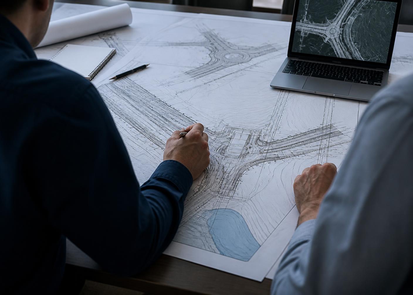 Engenheiros analisando projeto geométrico e plantas topográficas de via